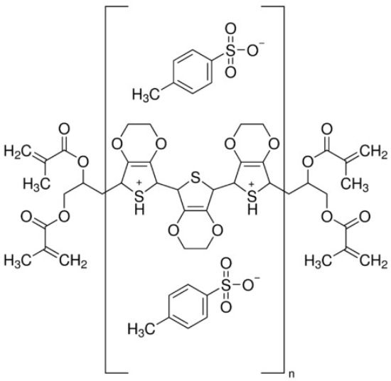 图片 四甲基丙烯酸酯封端的聚乙撑二氧噻吩溶液，Poly(3,4-ethylenedioxythiophene), tetramethacrylate end-capped solution [PEDOT]；0.5 wt. % (dispersion in propylene carbonate), contains p-toluenesulfonate as dopant