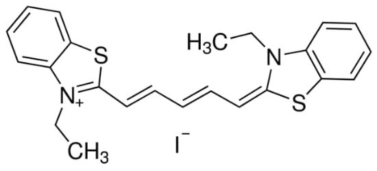 图片 3,3'-二乙基硫二碳碘化氰，3,3′-Diethylthiadicarbocyanine iodide [DTDCI, DiSC2(5)]；Dye content 98 %