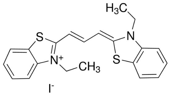 图片 3,3'-二乙基噻碳菁碘化物，3,3′-Diethylthiacarbocyanine iodide [DTCI, DiSC2(3)]；Dye content 95 %