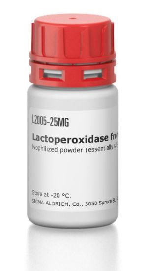 图片 乳过氧化物酶来源于牛奶，Lactoperoxidase from bovine milk [LPO, POD]；lyophilized powder (essentially salt-free), ≥200 units/mg protein